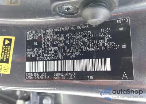 2013 Toyota Highlander Limited V6 из США, поврежденный, VIN 5TDYK3EH2DS133262